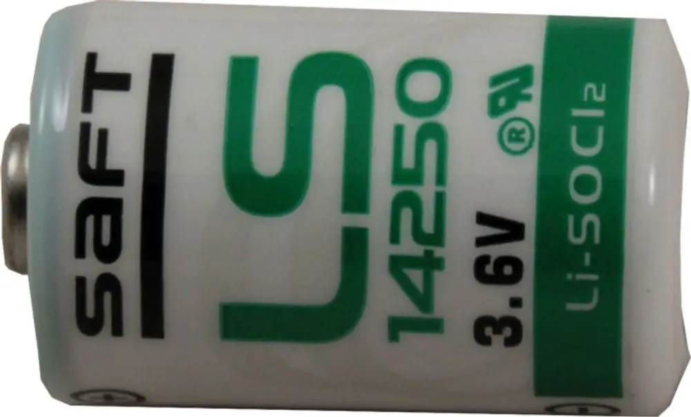 Lithiumbatterie mit der Aufschrift "saft LS 14250 3.6V" und dem Logo der Marke Wolf, in zylindrischer Form und silberner Kontaktfläche.